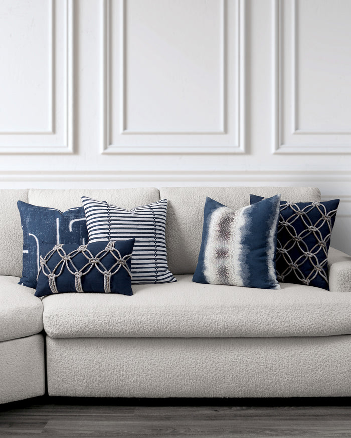 indoor environmental image of denim blue coordinated pillow group by Elaine