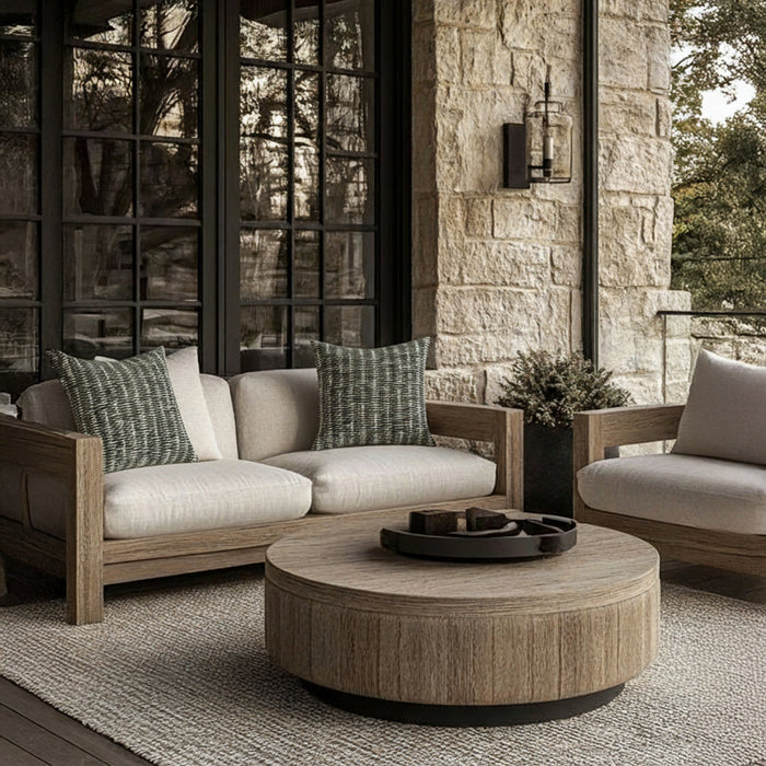 basketweave woven pillows in ebony and beige on modern outdoor sofa