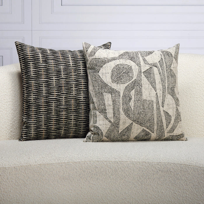 Indoor environmental image of pillows in Black and beige interwoven stripe design for outdoor safe use – Intertwine Ebony by Elaine Smith