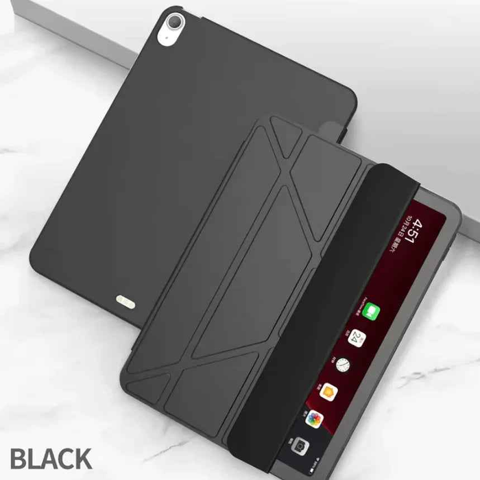 Black techplus iPad Air 5 10.9" ultra-slim smart case with lightweight trifold cover, designed for handheld device protection.