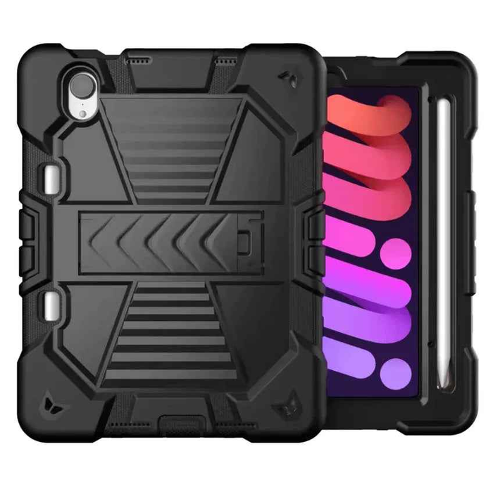 Black TechPlus rugged case for iPad Mini 6 and 7 with shockproof design, stand, and pencil holder in a close-up image.