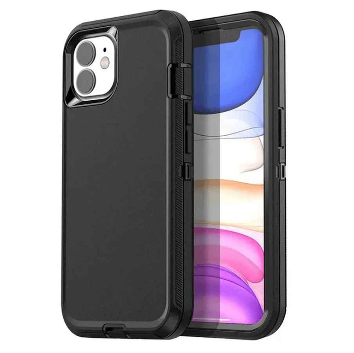 Techplus iPhone 12 heavy-duty shockproof mobile phone case showing rugged black design with reinforced corners for durability.