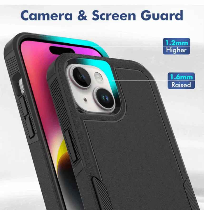 Techplus iPhone 13 dual layer armor hard case showing a rugged mobile phone case with textured black and gray design.