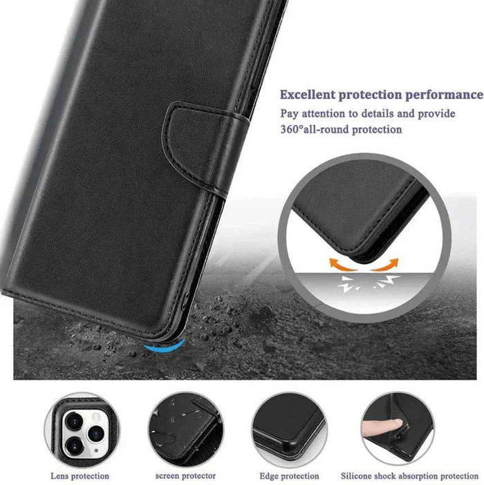 Black TechPlus iPhone 13 wallet case with slim leather flip cover, offering stylish protection and card storage.