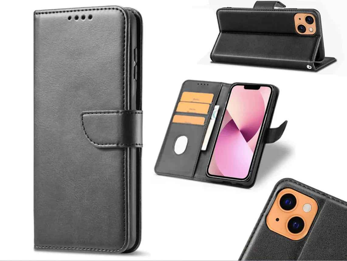 Black TechPlus iPhone 13 wallet case with slim leather flip cover and card slots, designed for protection and convenience.