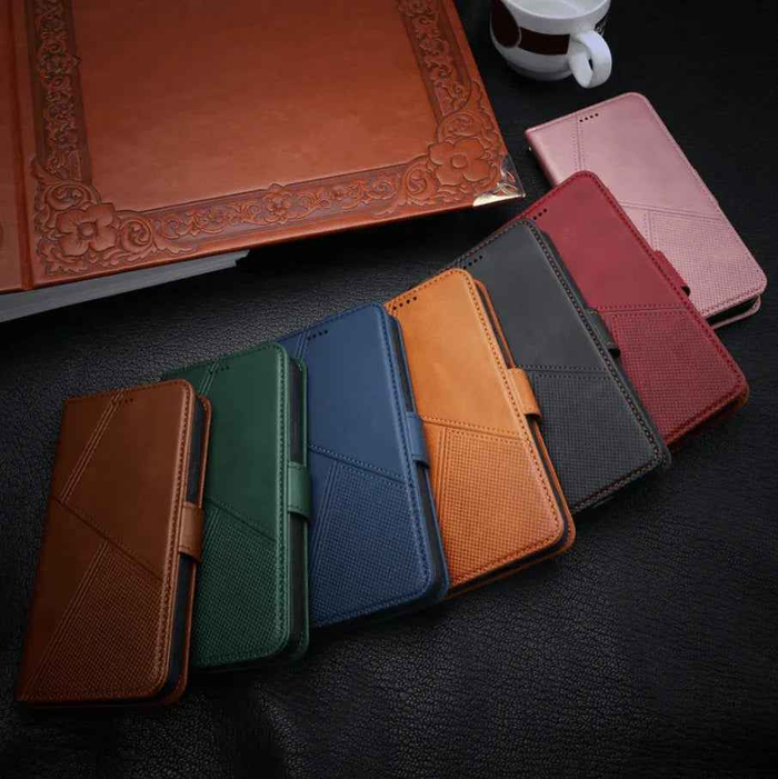 Black iPhone 14 flip wallet case by techplus with cowhide dot pattern, designed for mobile phone protection and style.