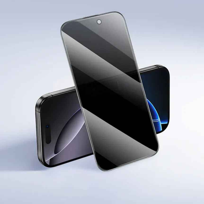 Techplus iPhone 14 Plus glass privacy screen protector 2-pack showing front and side view with protective film