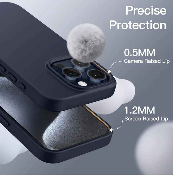 TechPlus silicone case for iPhone 14 Pro Max in black, blue, and red, showcasing soft, protective cover with precise cutouts.