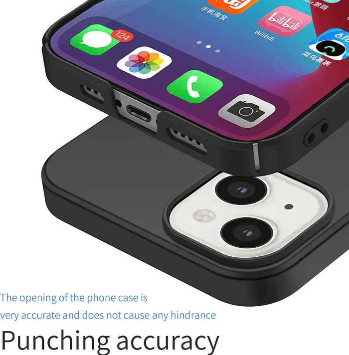 Black silicone case for iPhone 14 by TechPlus, soft protective cover with smooth texture and precise cutouts.
