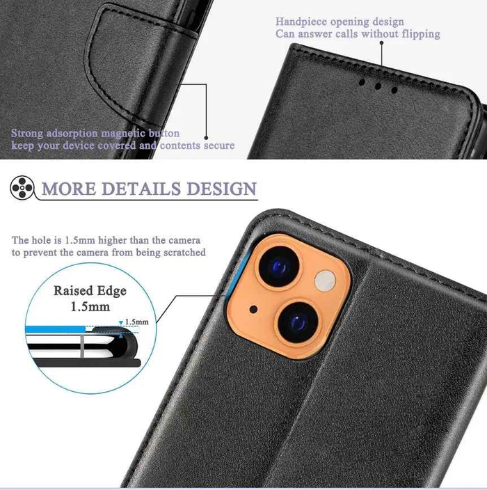 Black techplus iPhone 14 wallet case with slim leather flip cover and card slots for protection and convenience.