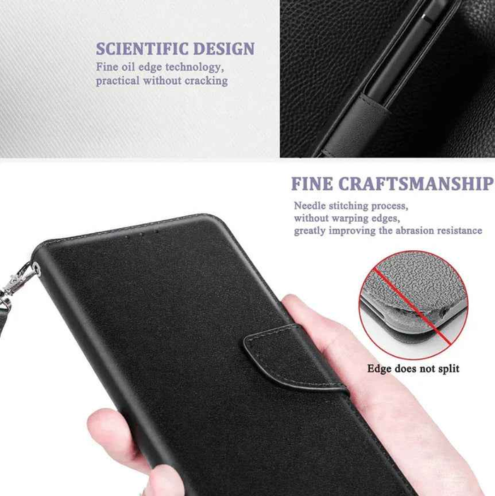 Black TechPlus iPhone 14 wallet case with slim leather flip cover, designed to protect and hold cards for iPhone 14.