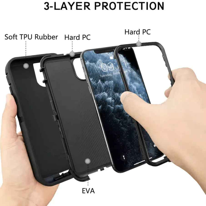 Techplus iPhone 15 heavy-duty shockproof mobile phone case with rugged design and reinforced edges for protection.