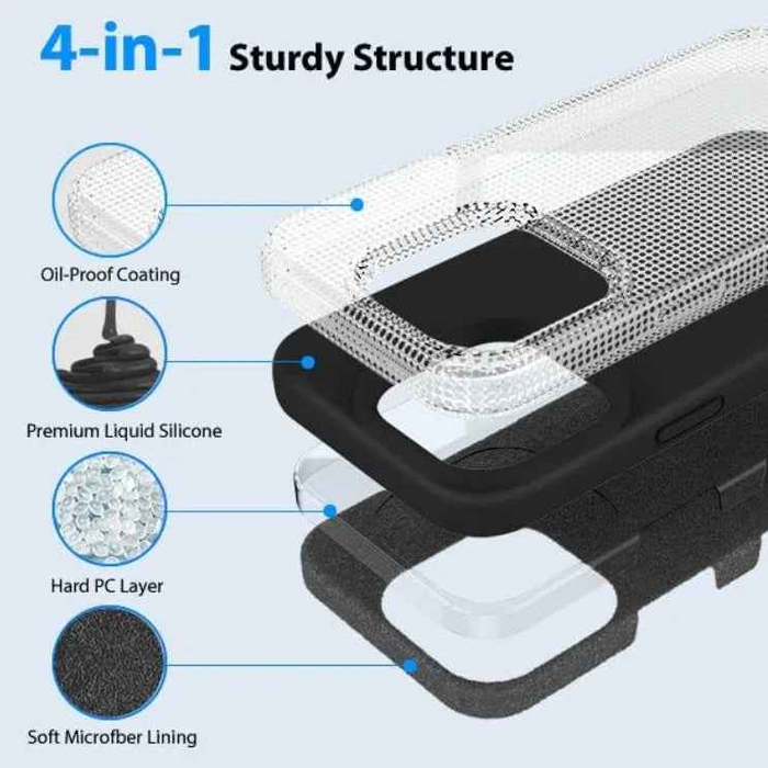 TechPlus silicone case for iPhone 15 Pro Max in black, blue, and red, showing a soft, protective cover on the phone.