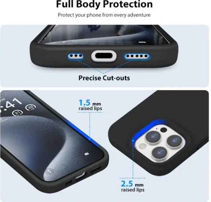 Techplus silicone case for iPhone 15 Pro Max in black, blue, and red, showcasing a soft, protective cover with a smooth finish.