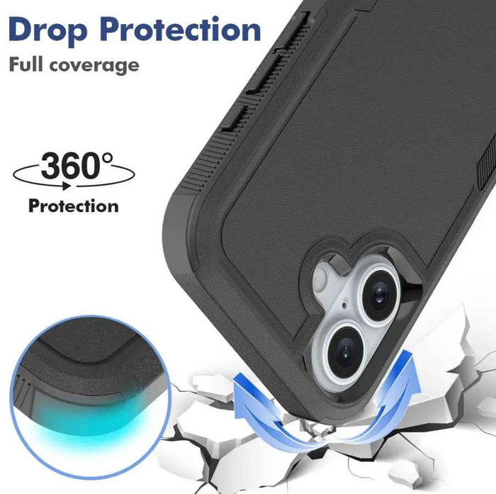 Techplus iPhone 16 Plus dual layer armor hard case showing rugged black exterior and precise cutouts for buttons and camera.