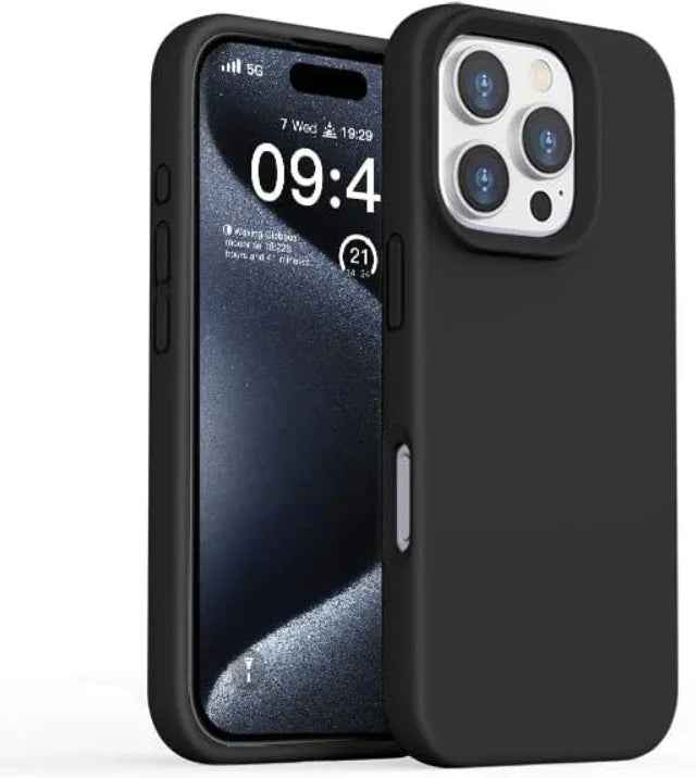 TechPlus silicone case for iPhone 16 Pro Max in black, blue, and red, showcasing a soft, protective cover with a smooth finish.