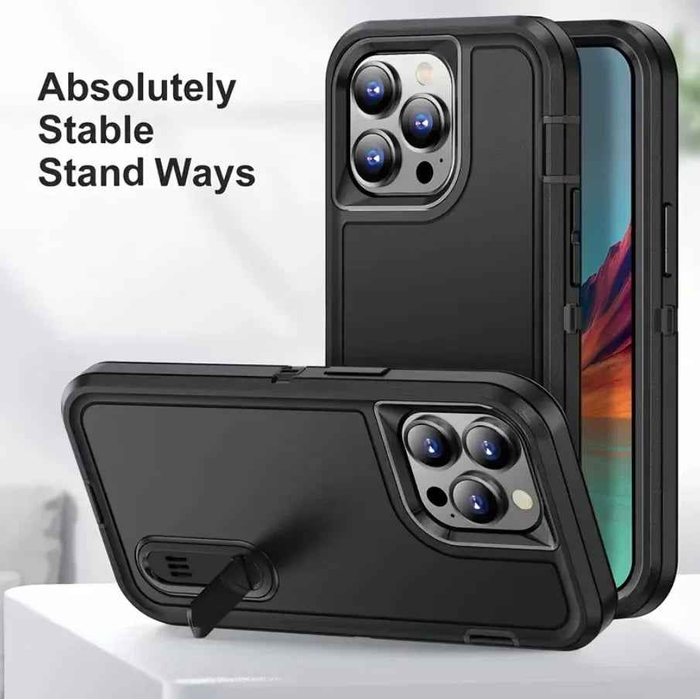 Techplus iPhone 16 Pro triple layer armor hard case with built-in kickstand, offers rugged protection and convenient viewing angle.