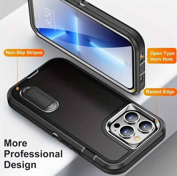 Techplus iPhone 16 Pro triple layer armor hard case with built-in kickstand, durable protective mobile phone case.