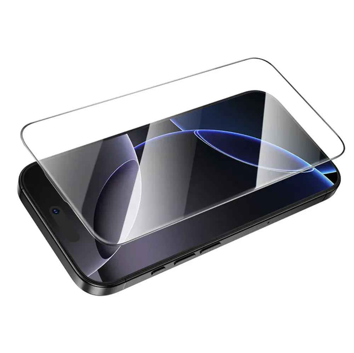 Clear TechPlus iPhone 17 glass screen protector displaying a smooth, transparent surface protecting the phone screen.