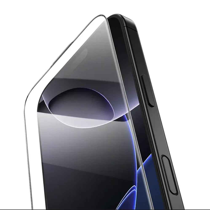 Clear TechPlus iPhone 17 glass screen protector covering the front of the smartphone for protection against scratches and impacts.