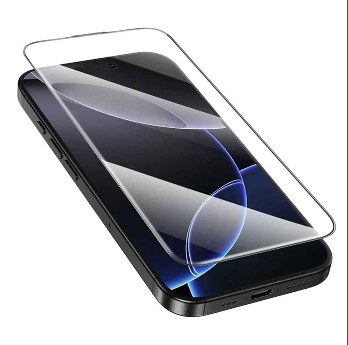 TechPlus iPhone 17 glass screen protector, clear protective film covering the phone's screen with precise fit and smooth surface.
