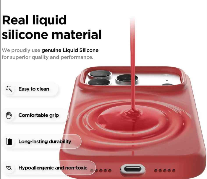 Red silicone protective case for iPhone 17 Pro Max by techplus, showcasing a soft, flexible cover with precise cutouts.