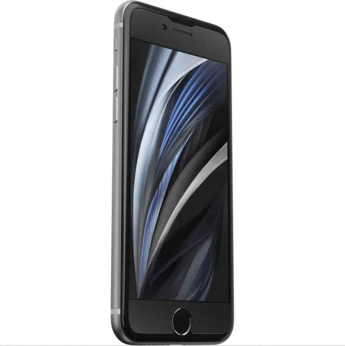 Clear glass screen protector for iPhone SE by techplus, showing the transparent, scratch-resistant cover on the device screen.
