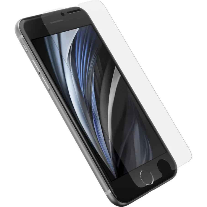 Clear glass screen protector for iPhone SE by TechPlus, showing the thin, transparent layer covering the phone screen.
