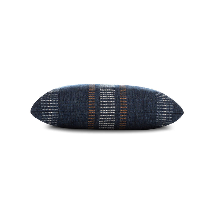 Side image of Navy textured outdoor pillow square size for nautical patio decor