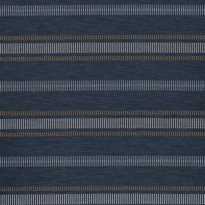 Striped indigo outdoor safe fabric with rich earth-tone accents – Journey Indigo by Elaine Smith-full fabric repeat image