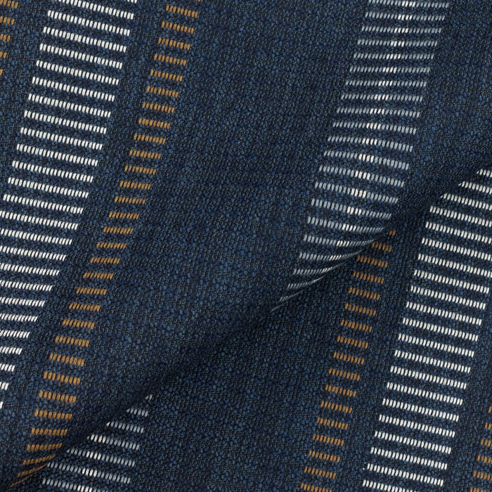 Close shot texture image of Striped indigo outdoor safe fabric with rich earth-tone accents – Journey Indigo by Elaine Smith