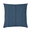 A square throw pillow featuring a textured, woven vertical stripe pattern in shades of blue and navy with subtle white accents, shown against a plain white background.
