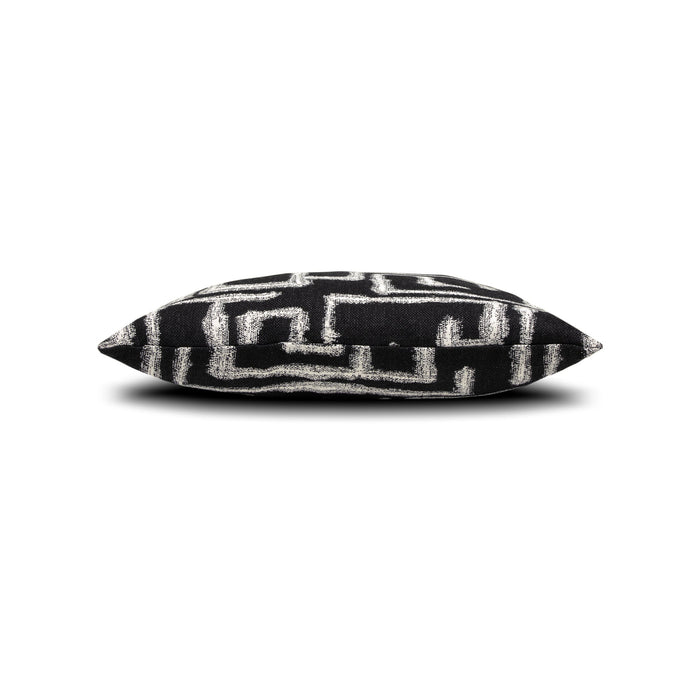 Side image of Black maze outdoor pillow square size for dramatic patio decor