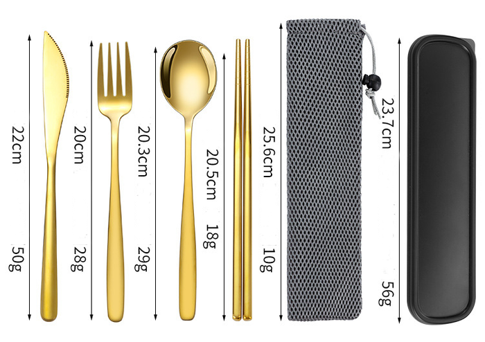 Korean style stainless steel outdoor cutlery set with storage box, includes knives, forks, and spoons arranged inside a compact case.