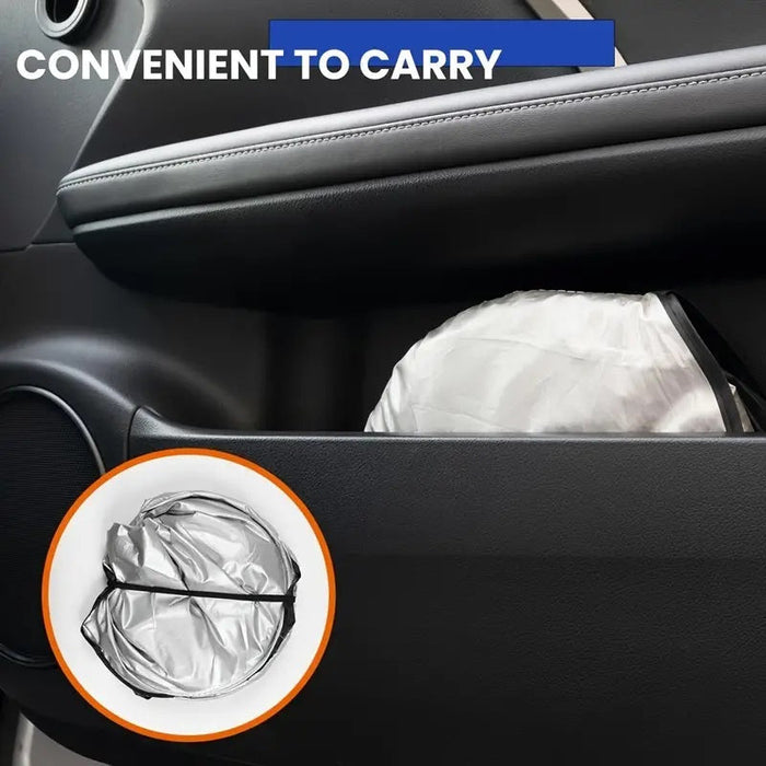Large silver foldable car sunshade with double-circle design, providing UV protection for vehicle windshields.