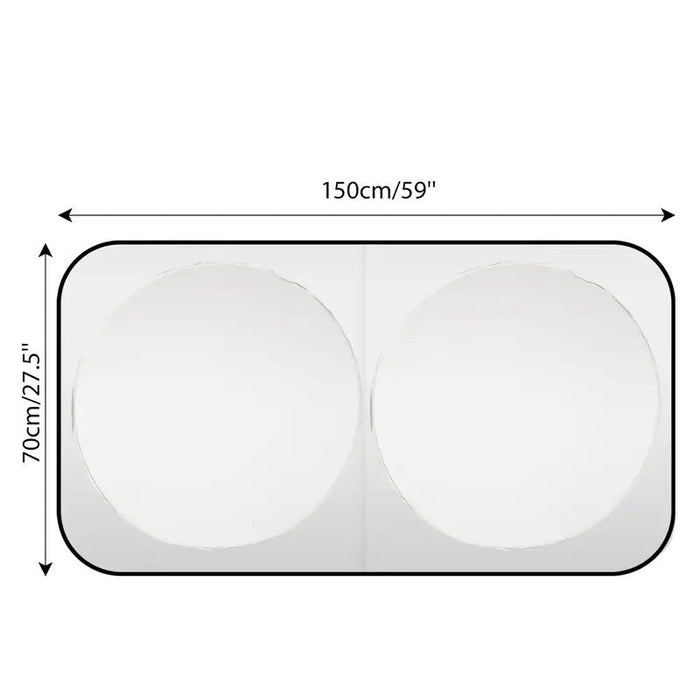 Large silver foldable car sunshade with double-circle design, provides UV protection and keeps car interior cool.