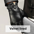 Black leather gloves with velvet lining from Mead's Supply & Equipment Outfitters, showcasing their durable, stylish design.