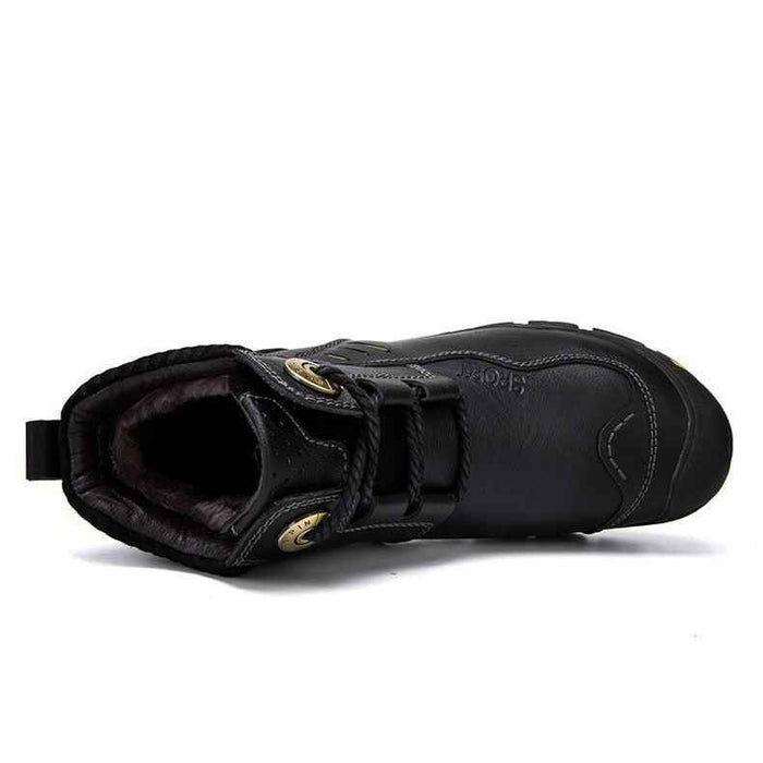 Brown leather high-top shoes by Mead's Supply & Equipment Outfitters, showing the textured leather and sturdy sole.