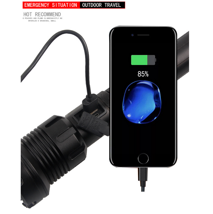 High luminance rechargeable LED torch by dealonline.nz with two 26650 batteries, compact flashlight for outdoor use