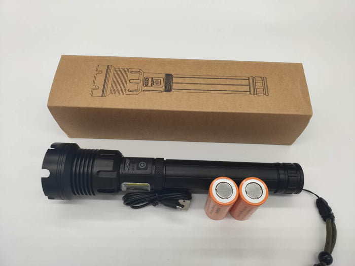 Rechargeable LED torch by dealonline.co.nz with high lumens, featuring two 26650 batteries and a durable flashlight design.