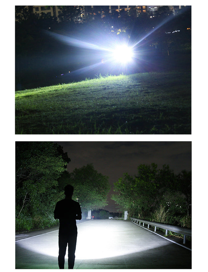 Rechargeable LED torch flashlight with high lumens, two 26650 batteries, black handle, and adjustable focus.