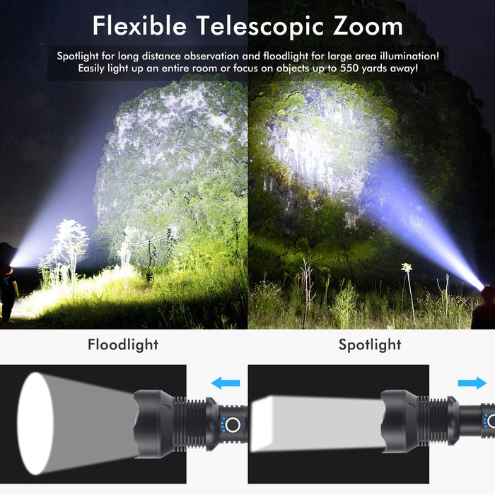 Dealonlinenz rechargeable LED torch flashlight with high lumens and two 26650 batteries, shown with the flashlight illuminated.