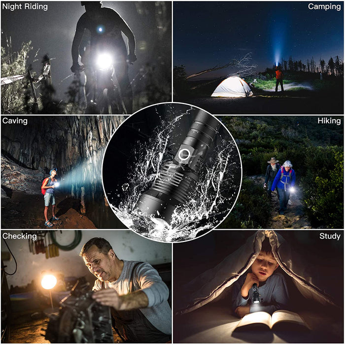 Dealonlinenz rechargeable LED torch flashlight with high lumens, featuring two 26650 batteries and a durable metal body.