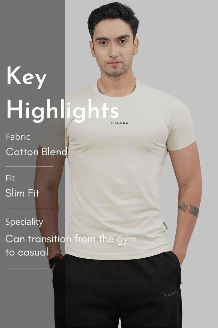 Fuaark Nz beige crew neck T-shirt for men, showcasing classic style and comfortable fit in a versatile casual look.