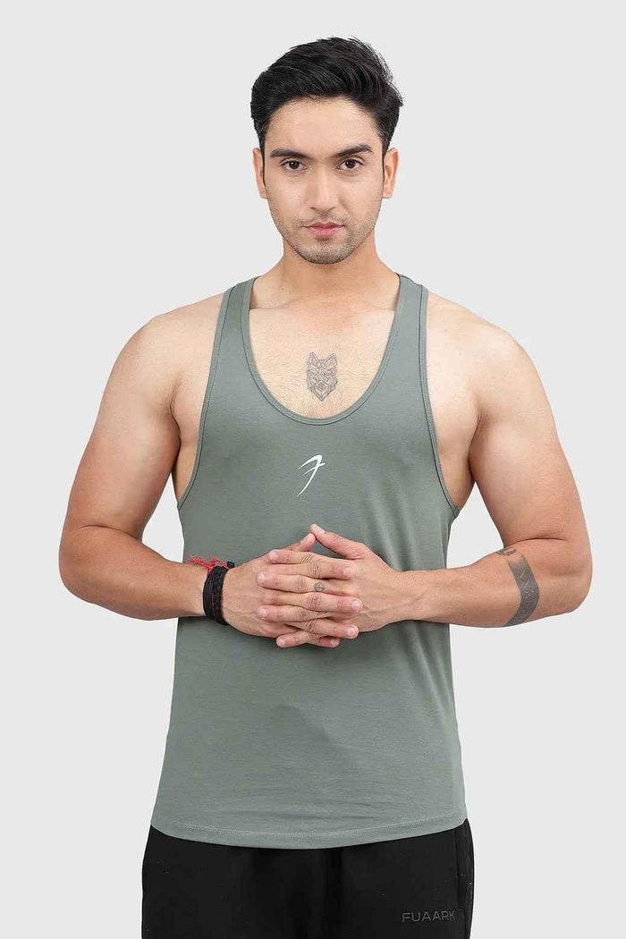 Men's sage green Fuaark NZ Legacy Stringer tank top for gym and training, featuring a sleeveless design and athletic fit.