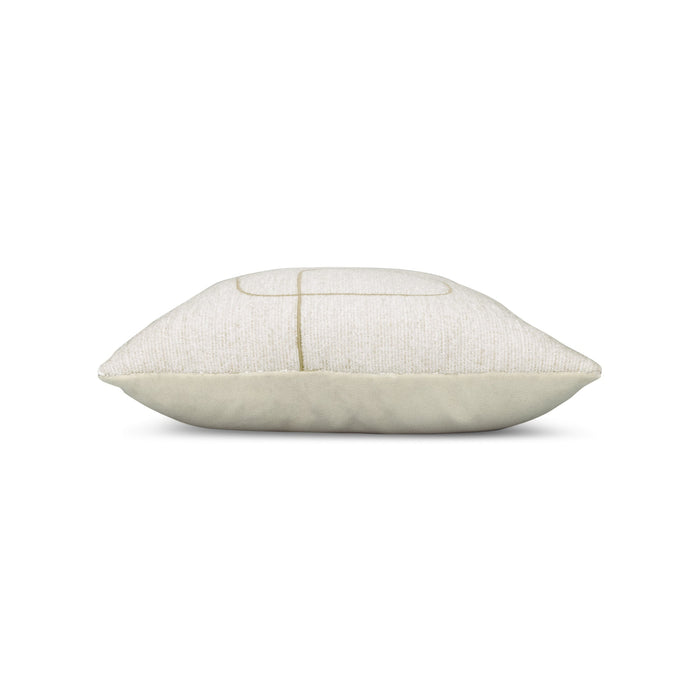 Side image of Ivory abstract stitched design on ivory outdoor pillow square size for contemporary patio decor
