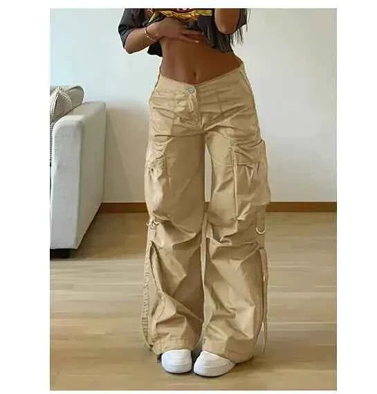 Khaki women's low-waist cargo pants with multiple pockets, casual outdoor utility pants by Mead's Supply & Equipment Outfitters.