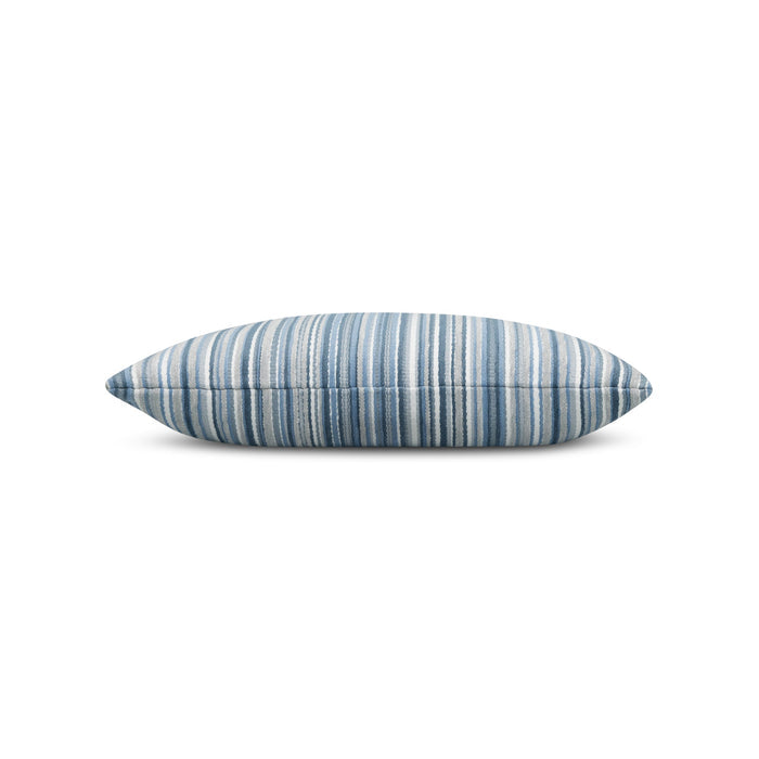 Side image of Blue striped velvet pillow lumbar size for transitional patio decor