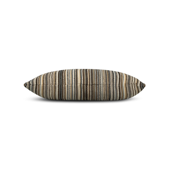 Side image of Brown striped textured velvet pillow lumbar size for natural patio decor