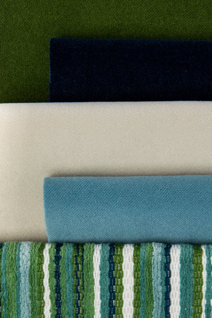Coordinating fabrics to Small scale chenille striped outdoor safe velvet fabric in natural green tones